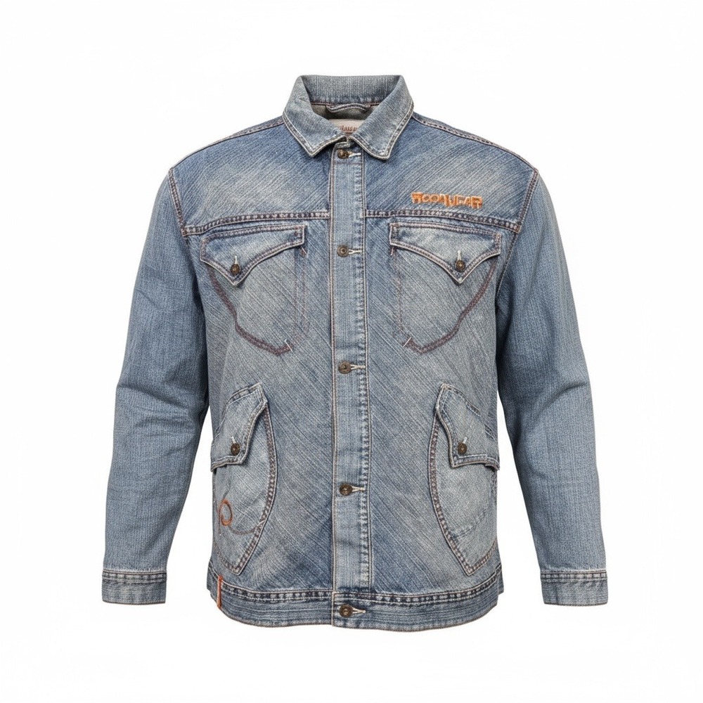 Vintage Rocawear Men's 2XL Denim Jacket Orange Stitching Front Pockets Button Up